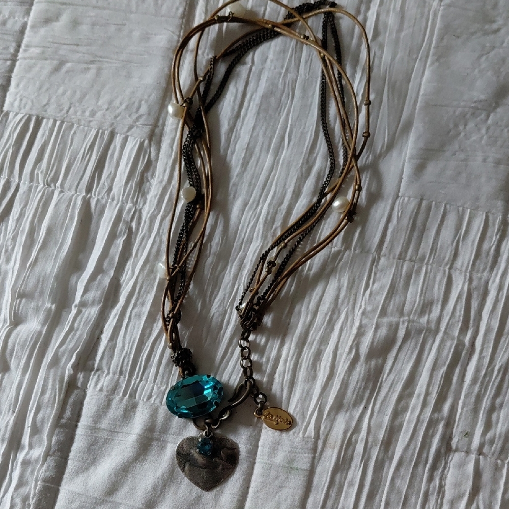 LaHola Multi-Strand Leather Necklace/ Wrap Bracelet Big Gemstone & Heart Pendant